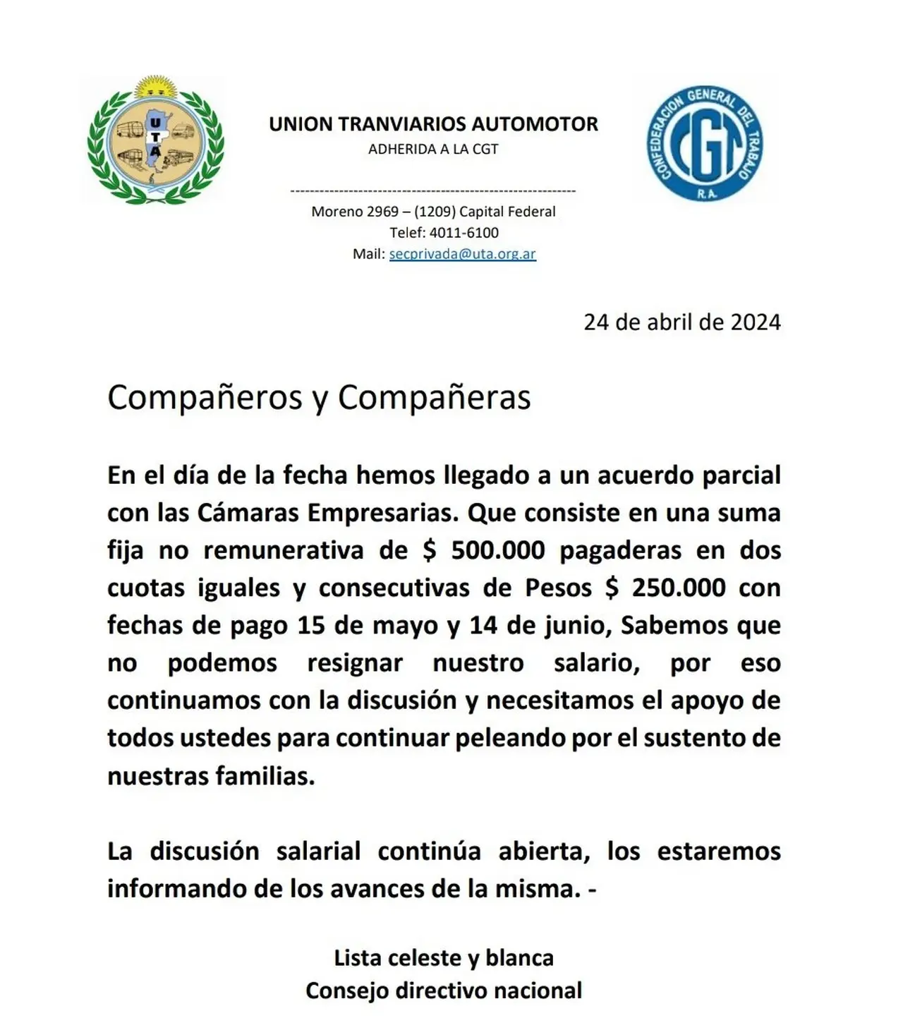 El comunicado de la UTA para anunciar el principio de acuerdo que desactivó la posibilidad del paro de colectivos