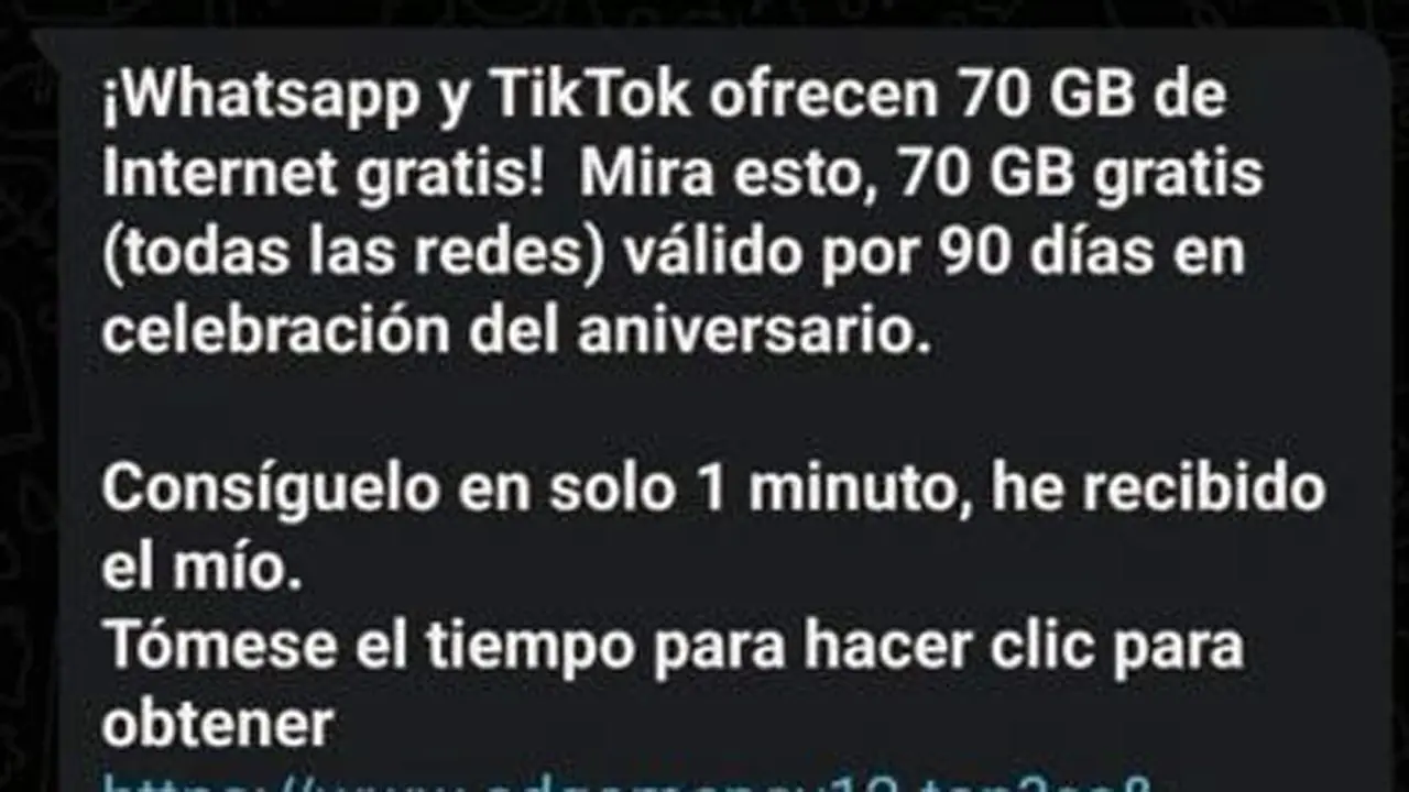 Mensaje de WhatsApp con el engaño que promete gigabytes gratis e invita a acceder al premio.