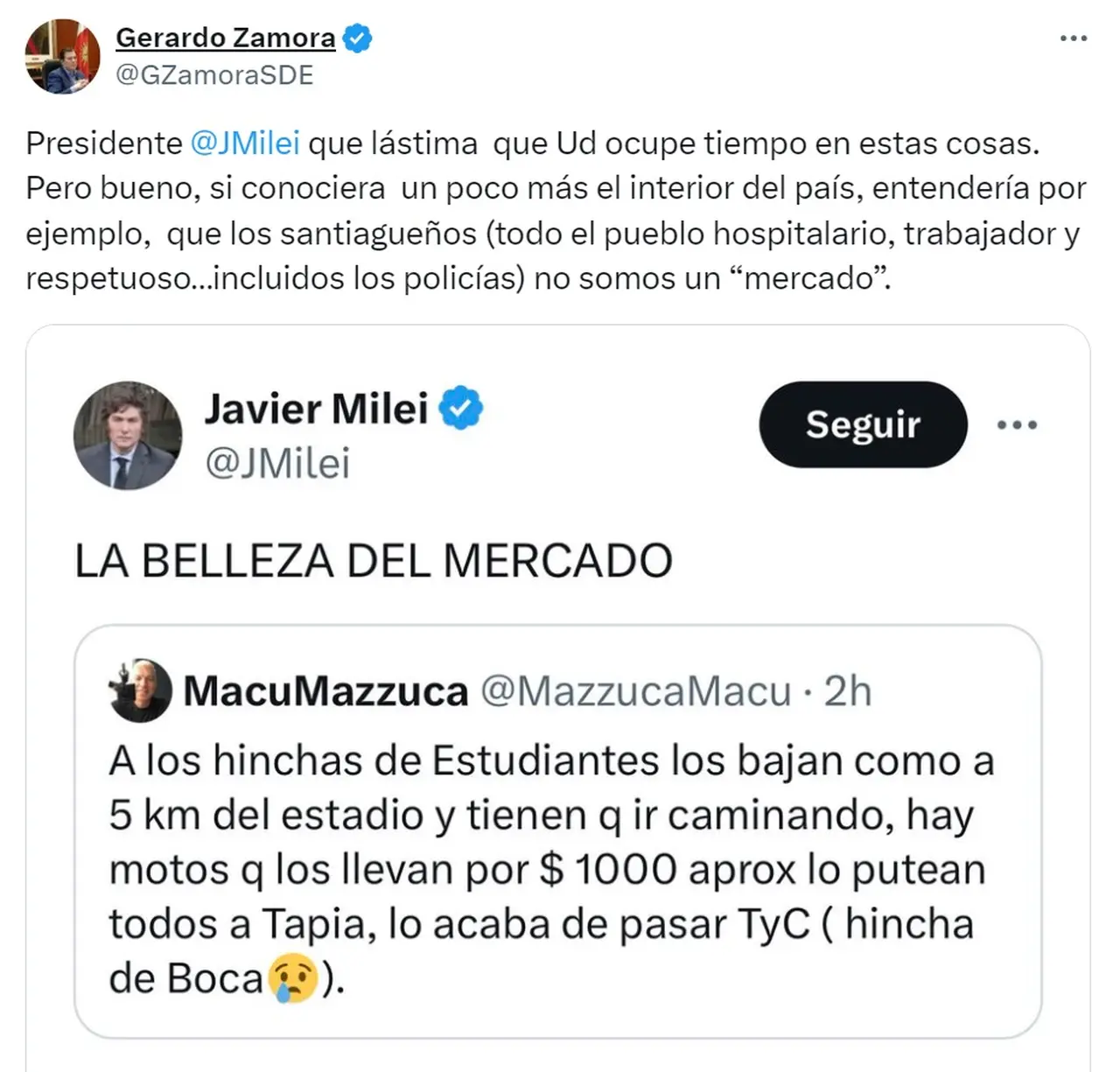 El gobernador Gerardo Zamora y el presidente Milei se cruzaron este fin de semana en X.