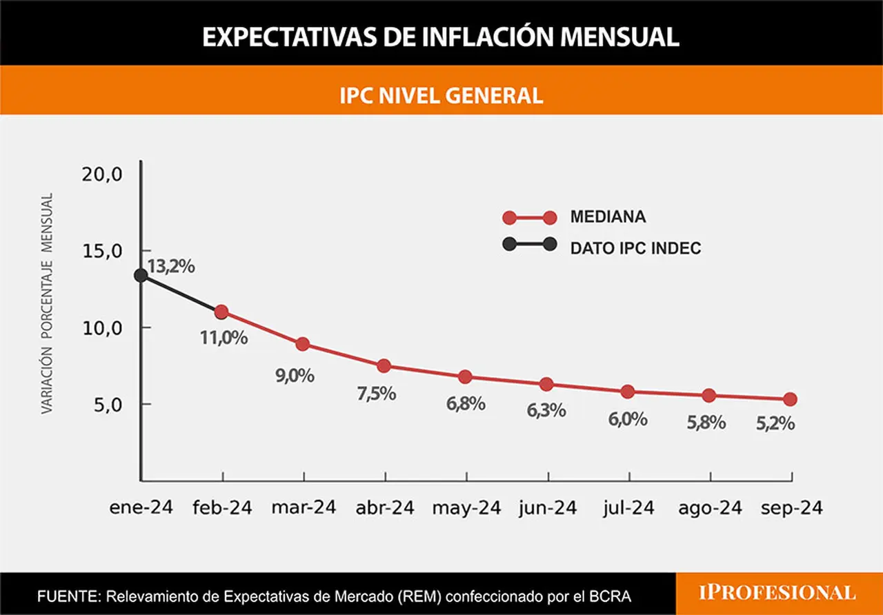 La inflación esperada por los economistas en el nuevo REM marca un descenso pronunciado en el mes a mes.