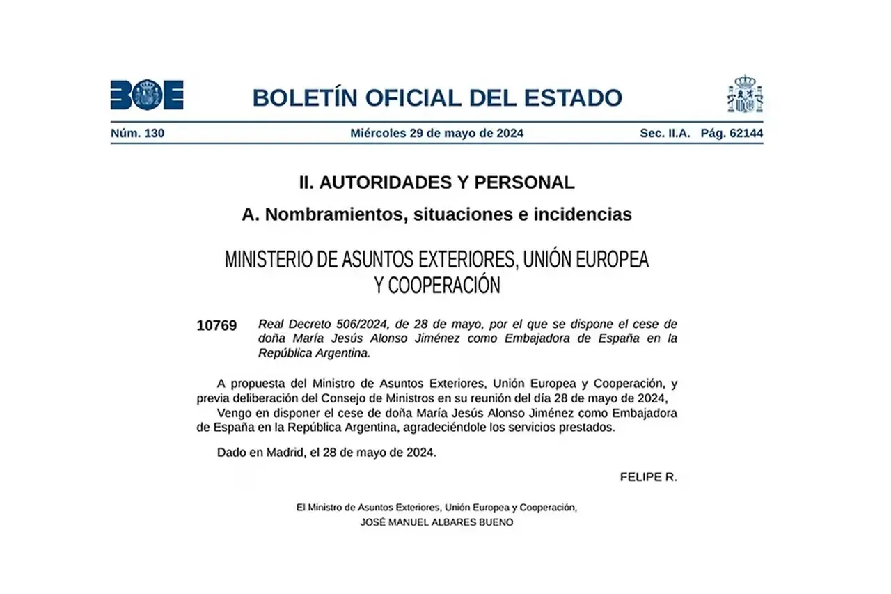 El documento con el cual España oficializó el retiro de su embajadora de Argentina, tras los dichos de Javier Milei