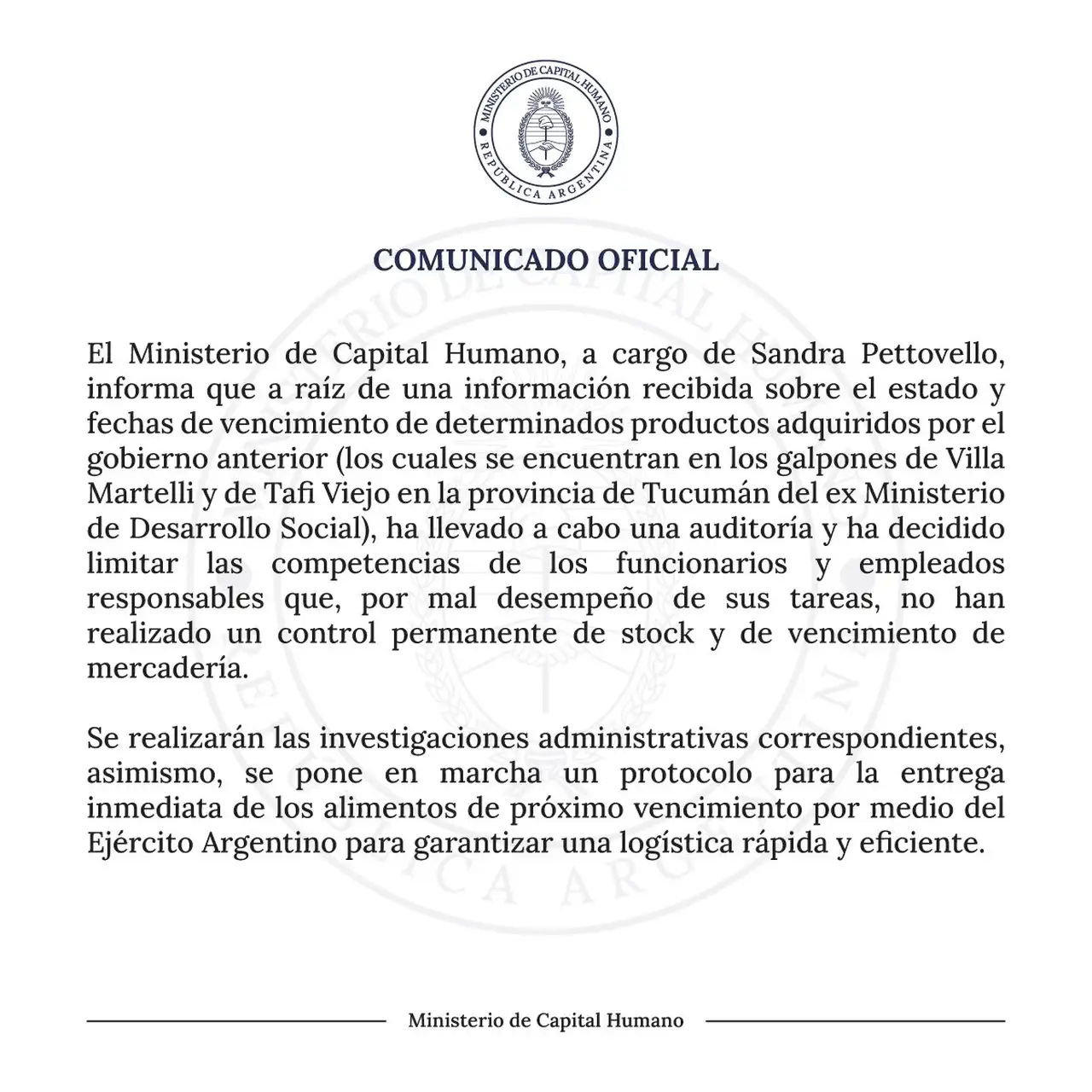 El gobierno admitió en un comunicado que había un error de gestión en el almacenamiento de toneladas de alimentos con fecha de vencimiento
