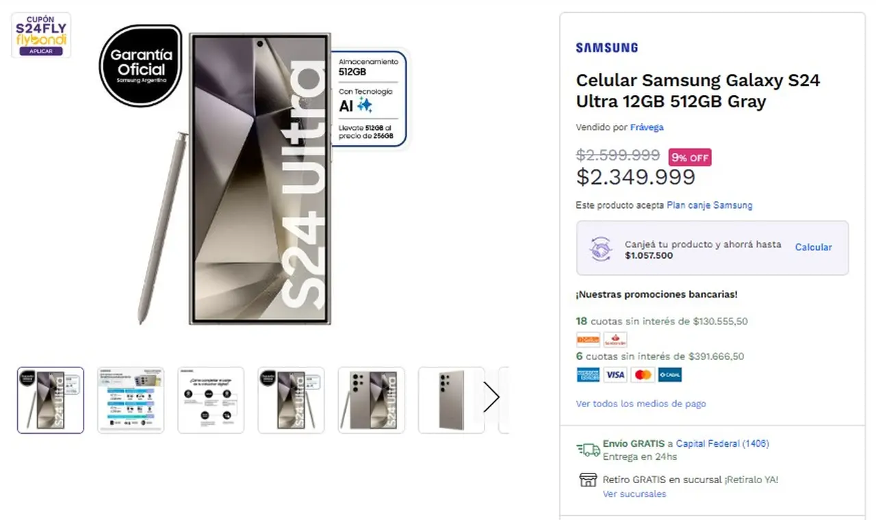 En Frávega, los clientes de Galicia y Santander pueden comprar el Galaxy S24 en hasta 18 cuotas sin interés