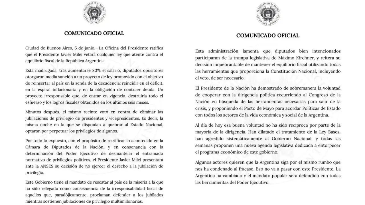 Javier Milei criticó a la oposición y anunció que renunciará a su jubilación de privilegio