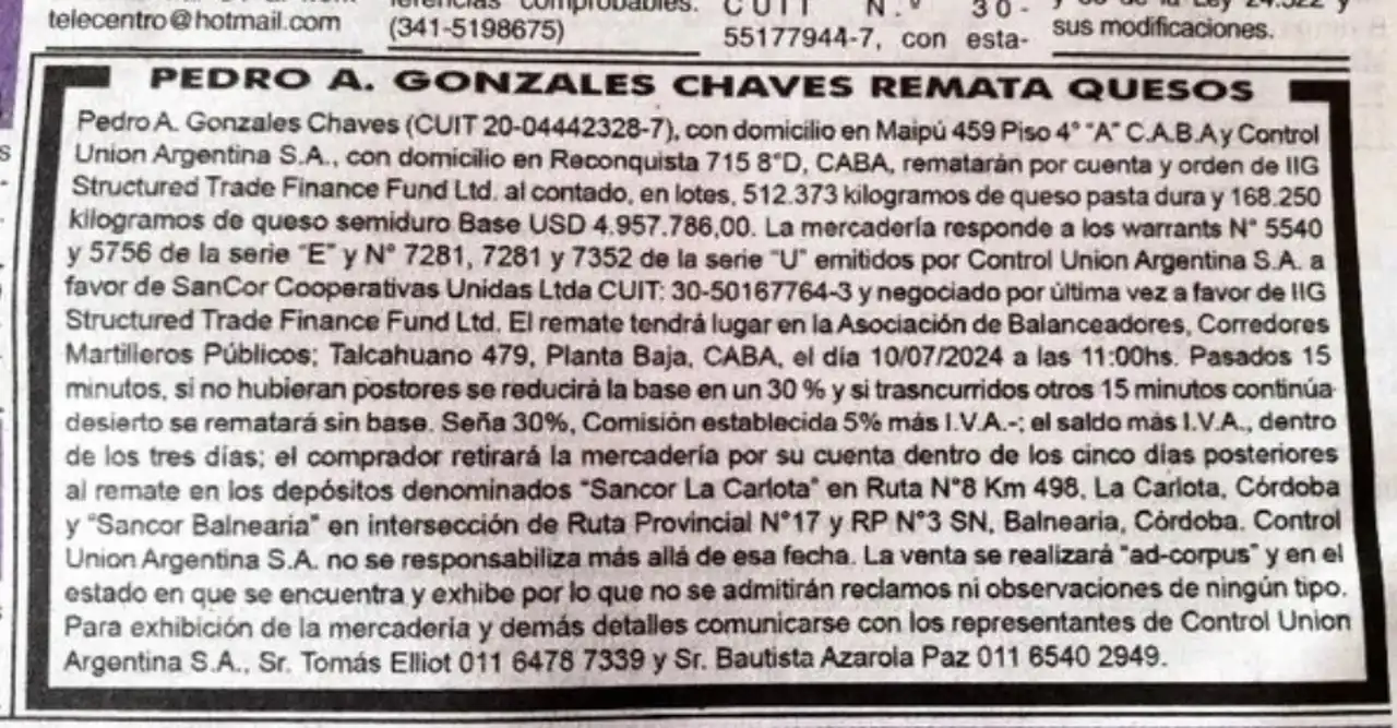 Los acreedores de SanCor publicaron un aviso anticipando el remate de quesos.