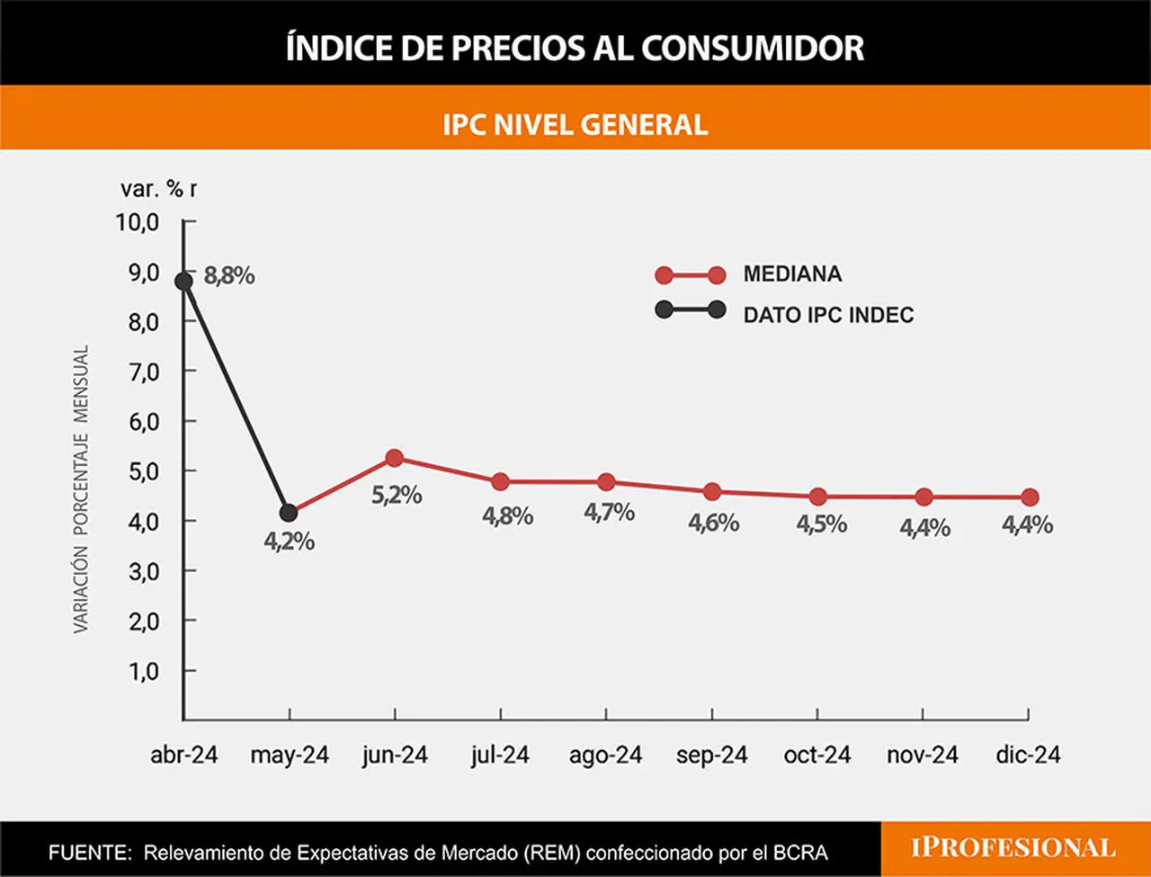 La inflación proyectada para los próximos meses por el REM estima cierto estancamiento en torno al 5% mensual.