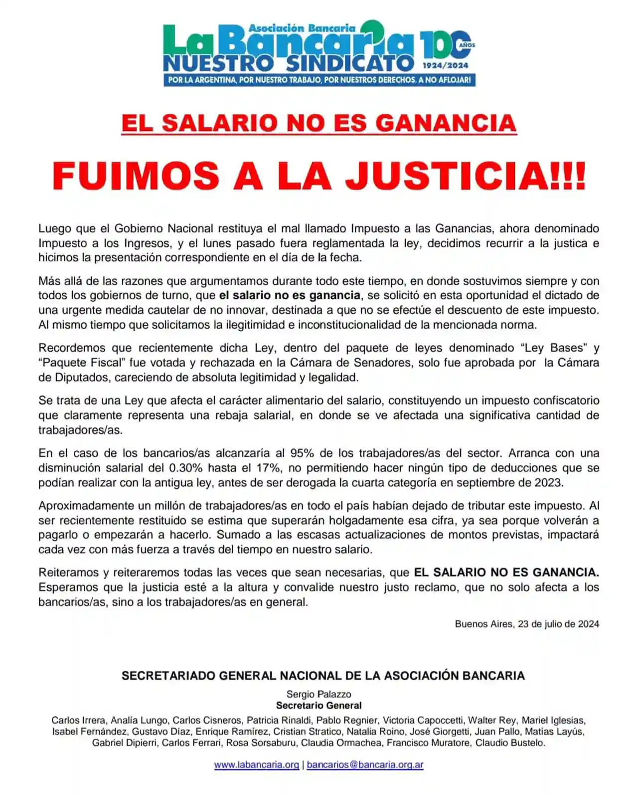 El comunicado que difundió el gremio de empleados bancarios.