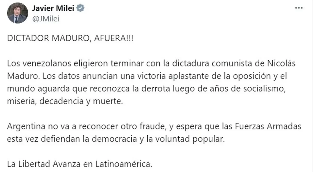 Milei se pronunció contra los resultados anunciados en Venezuela