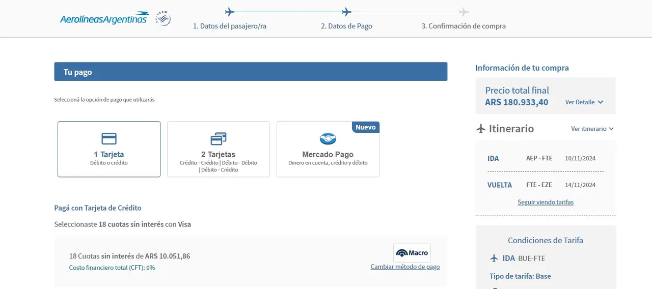 El precio de un pasaje para viajar de Buenos Aires a El Calafate en noviembre, en 18 cuotas sin interés