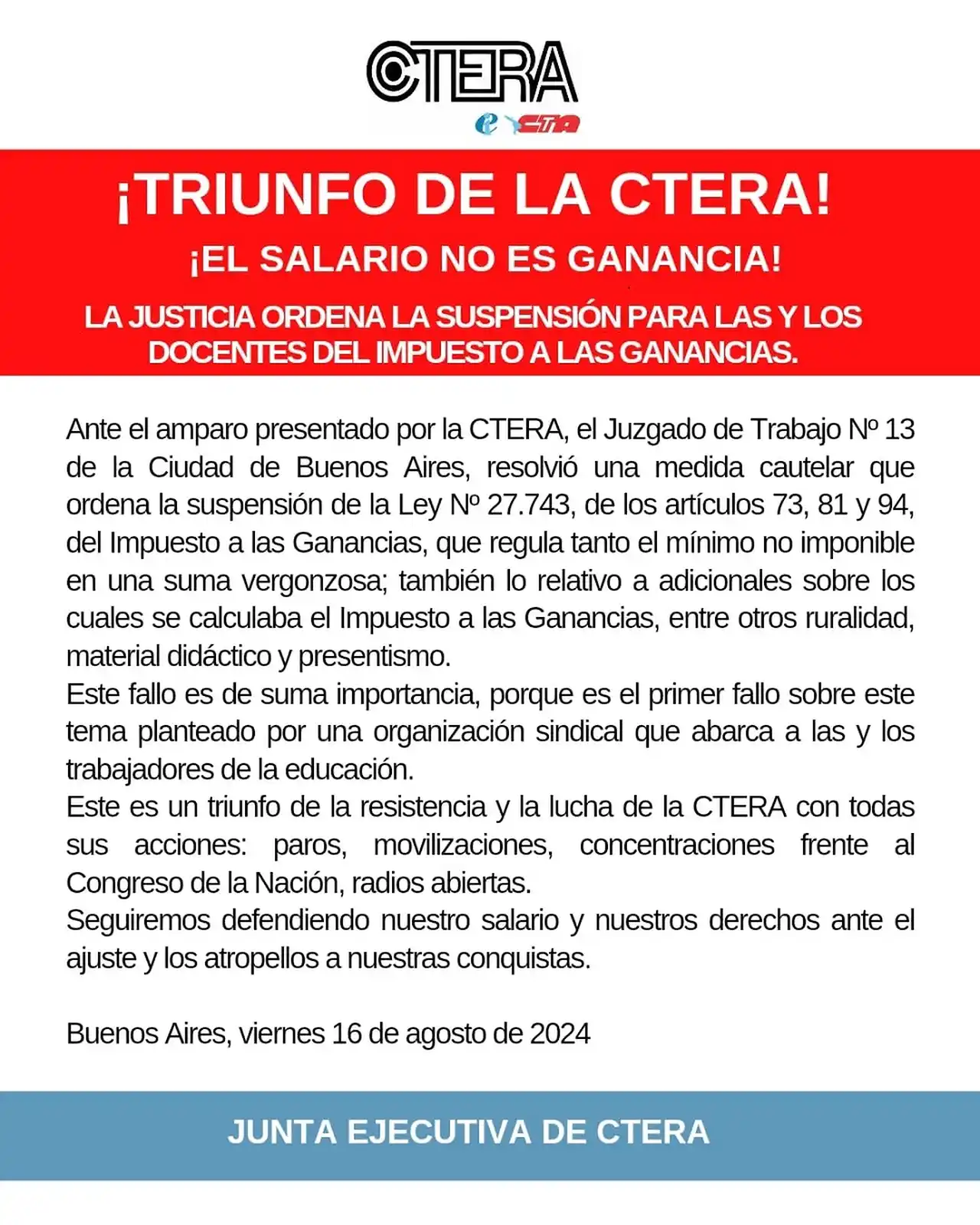 El comunicado de CTERA sobre el fallo de la Justicia que suspendió el Impuesto a las Ganancias para docentes