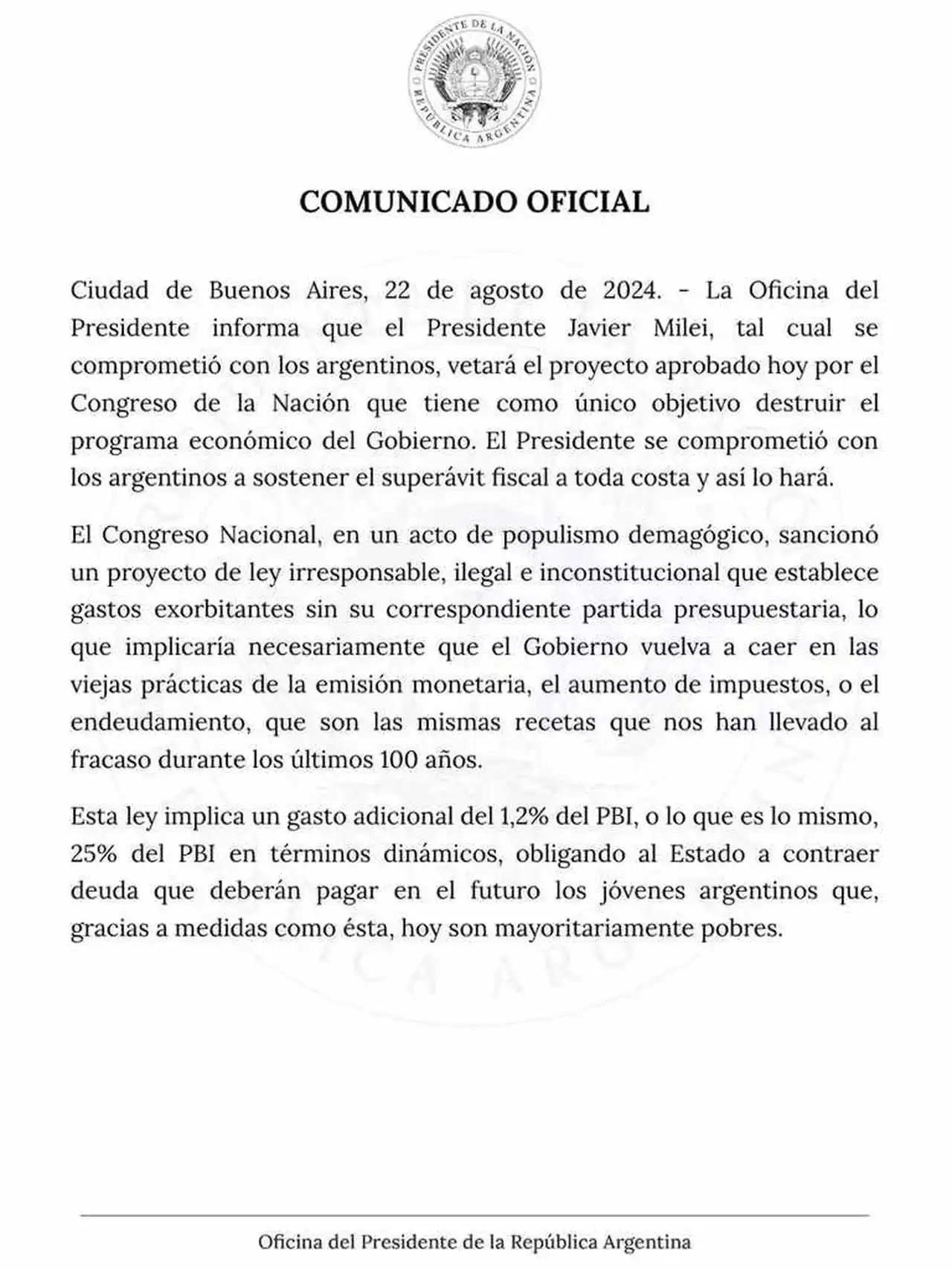 El Gobierno anunció que vetará la nueva ley de movilidad jubilatoria