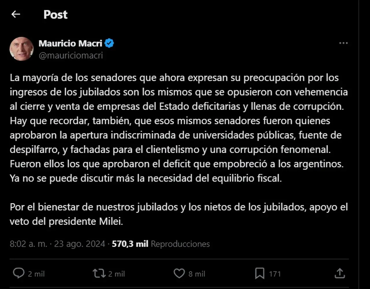 Mauricio Macri respaldó el veto de Milei a la actualización de jubilaciones
