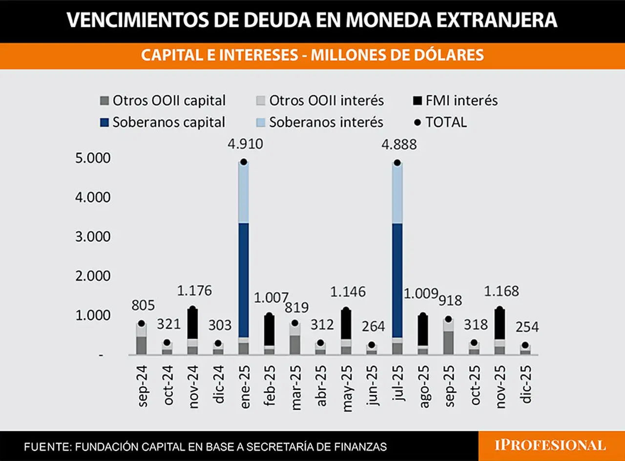 Los vencimientos de deuda que deberá afrontar Luis Caputo entre este año y el próximo.