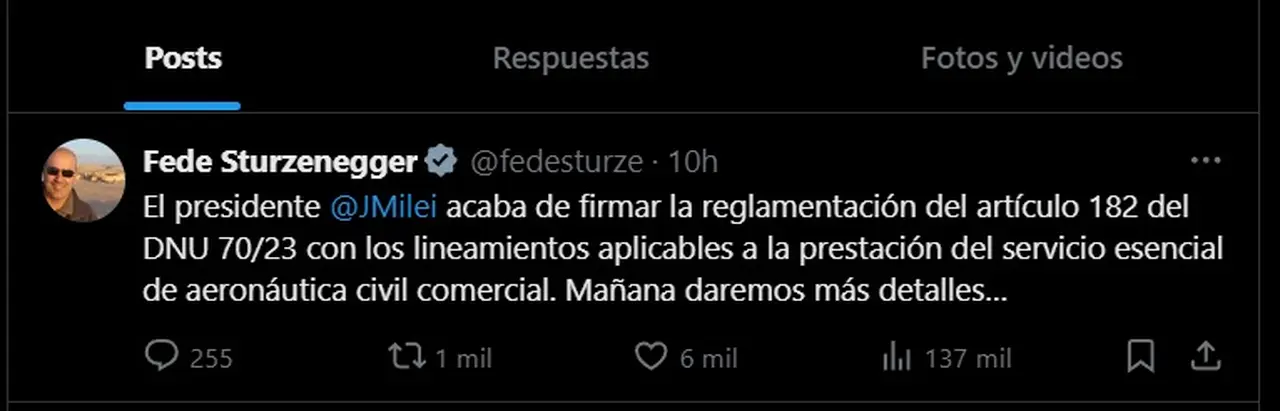 El anuncio lo hizo el Ministro de Desregulación y Transformación del Estado de la Nación, Federico Sturzenegger, a través de su cuenta de la red social X.