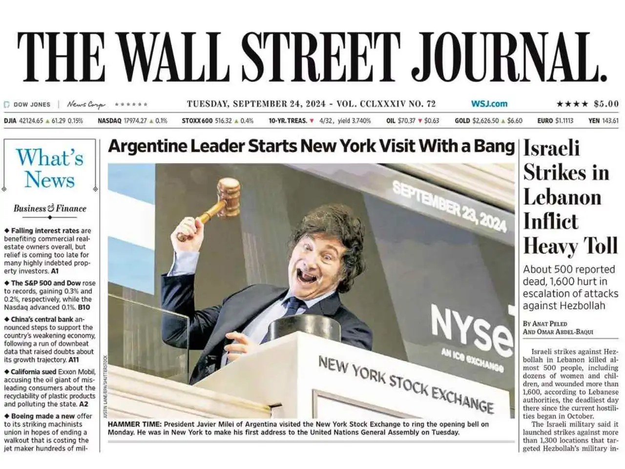 El epígrafe de la foto de Javier Milei en The Wall Street Journal.