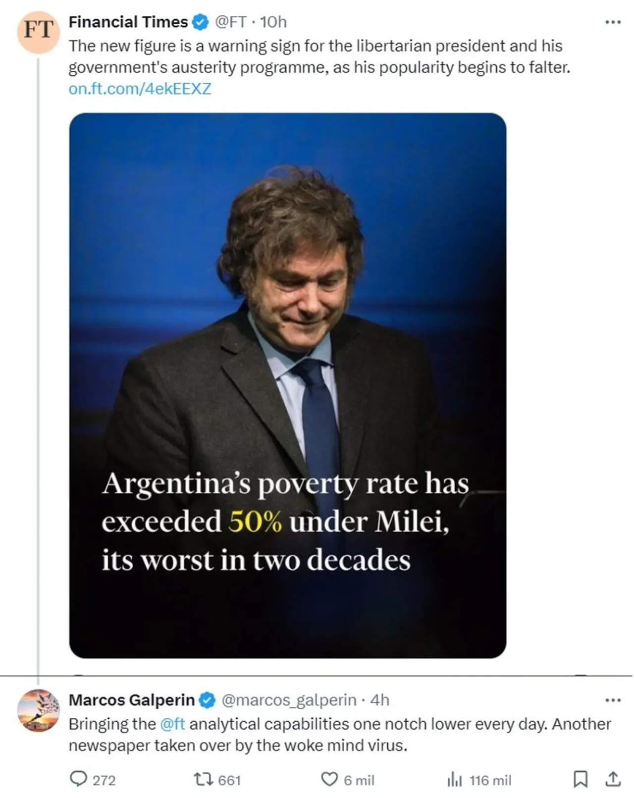 La crítica de Marcos Galperín al artículo del Financial Times contra Javier Milei
