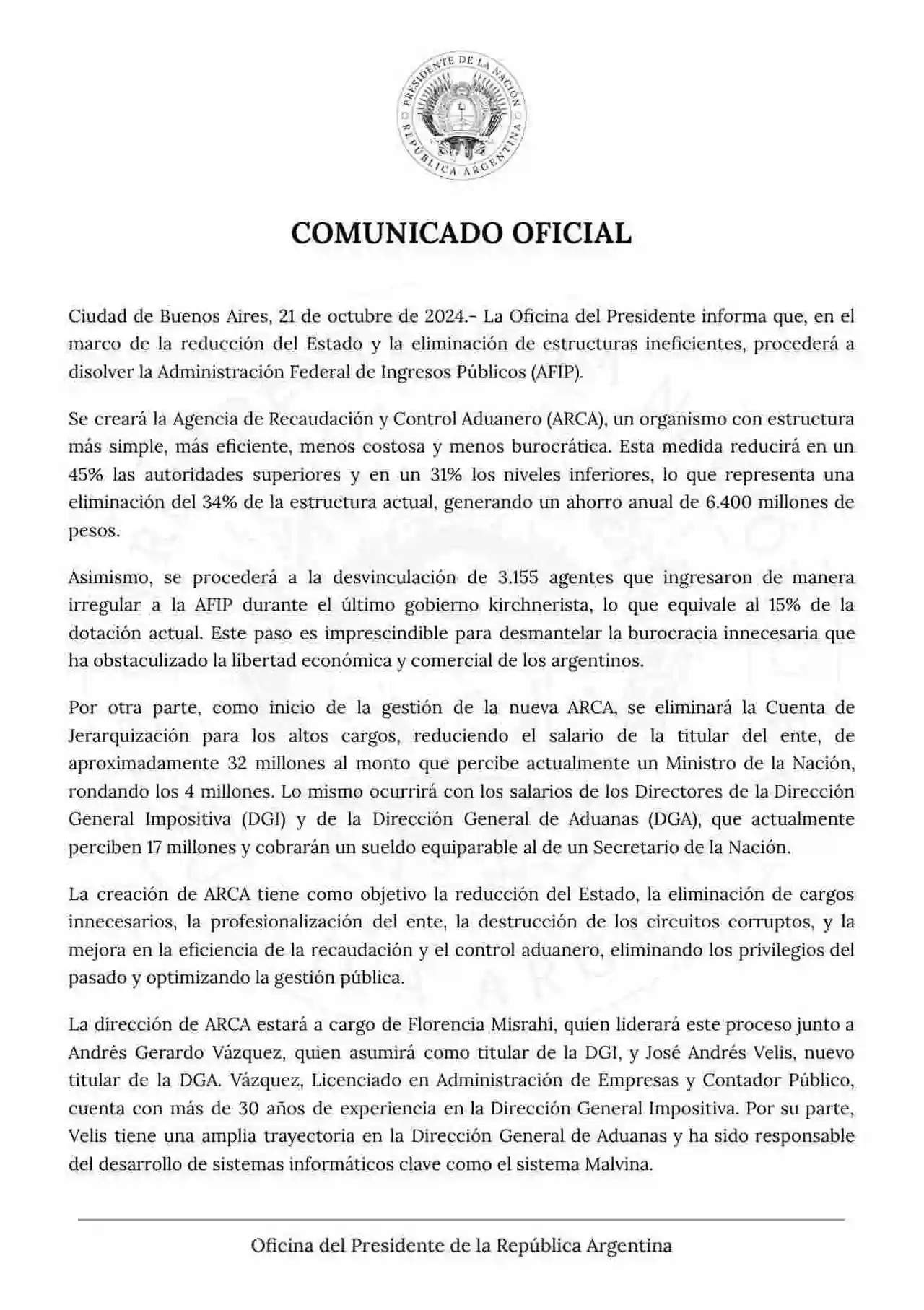 El Gobierno disolvió la AFIP y creó la Agencia de Recaudación y Control Aduanero