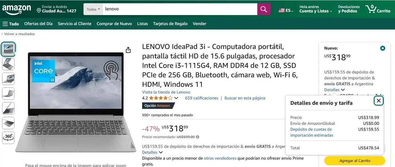 En Amazon, una computadora se vende a u$s319 y cuenta con envío gratis a Argentina