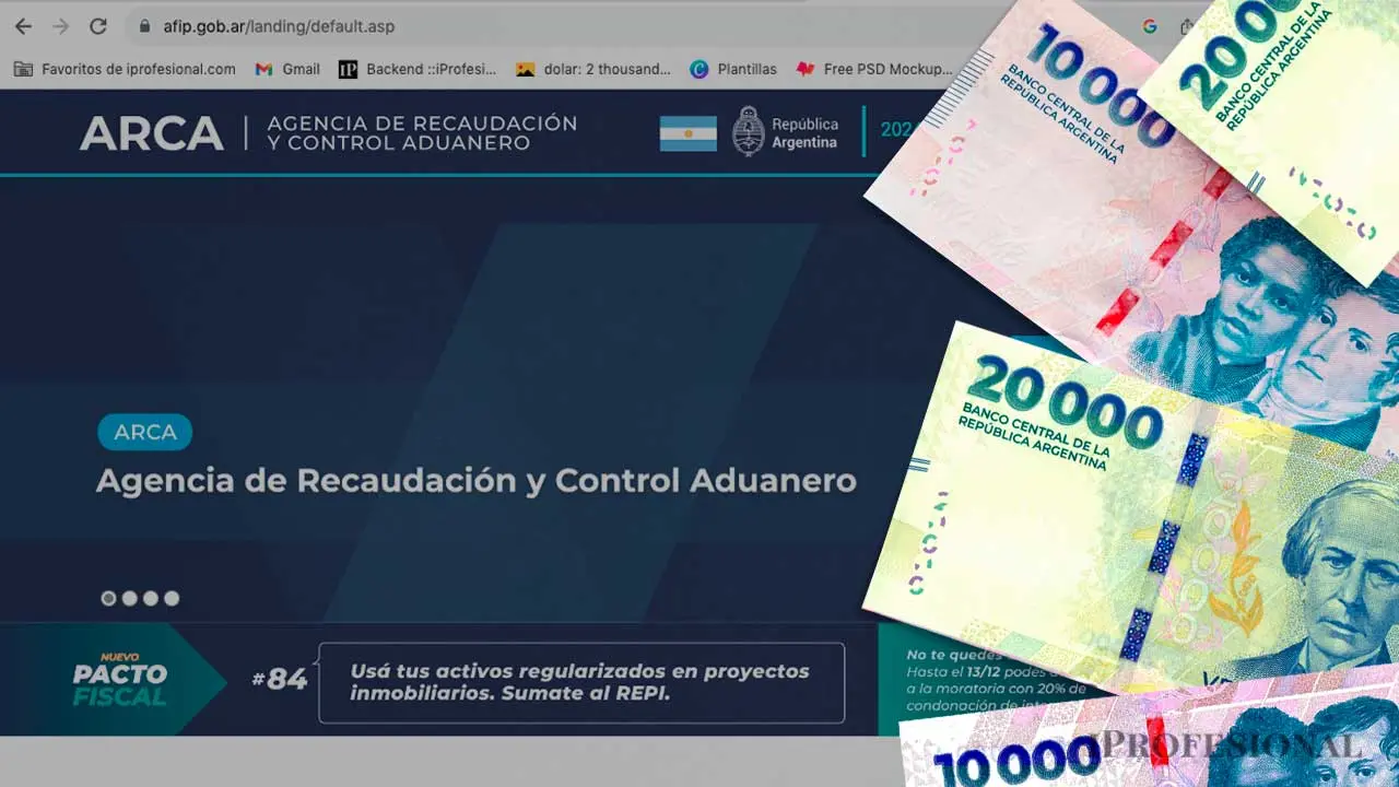 Composición de la página web de ARCA y billetes