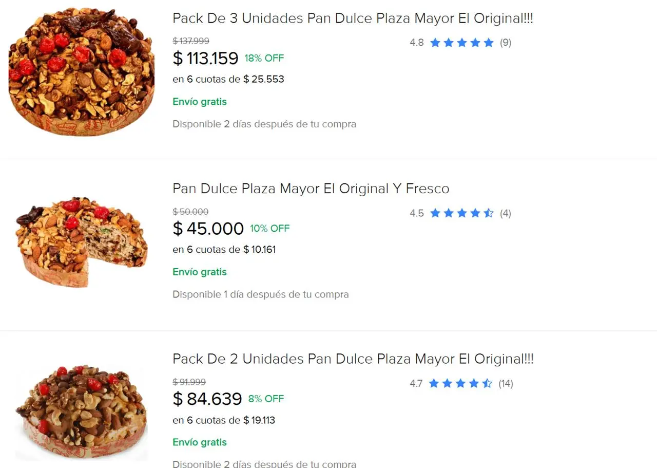El precio del pan dulce de Plaza Mayor en Mercado Libre.