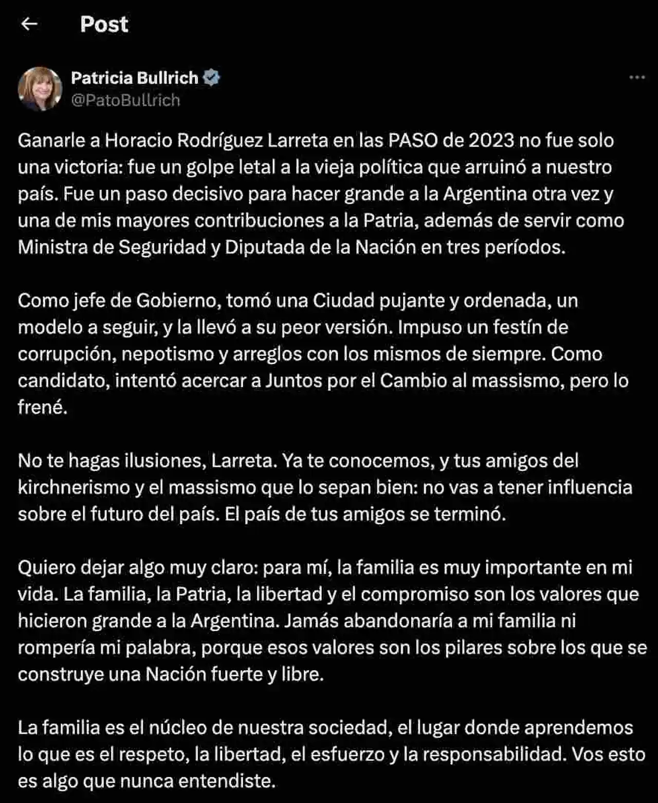 Patricia Bullrich cruzó a Rodríguez Larreta en X