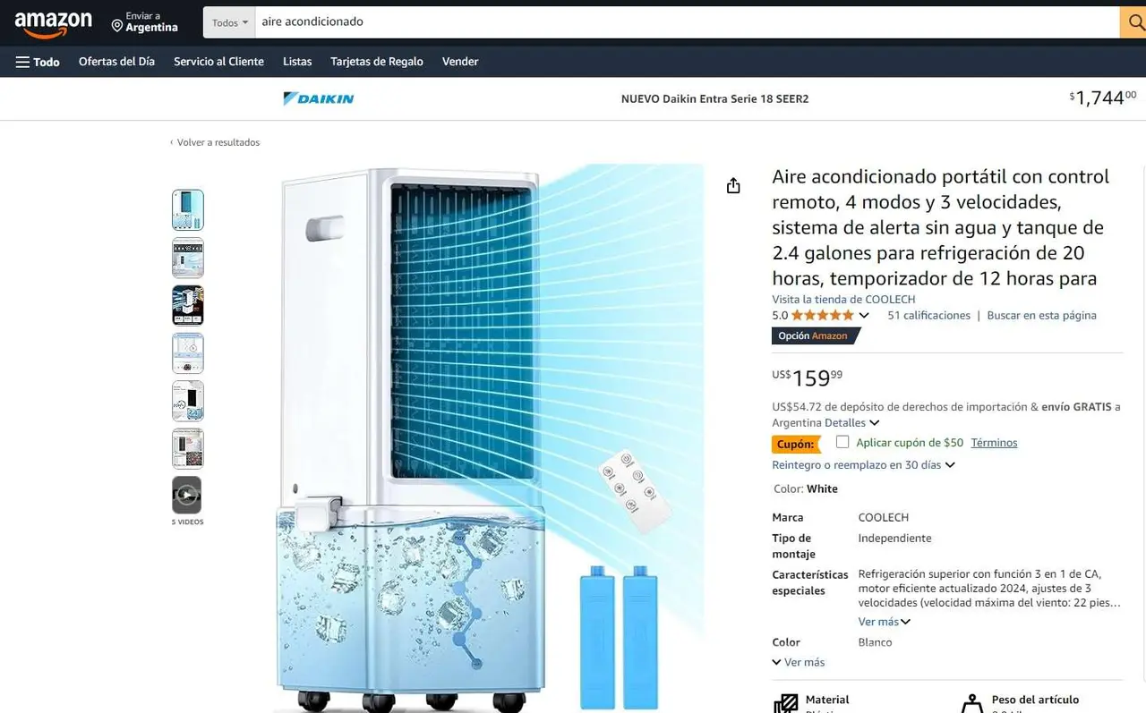 Amazon vende un aire acondicionado portátil barato y con envío gratis a Argentina