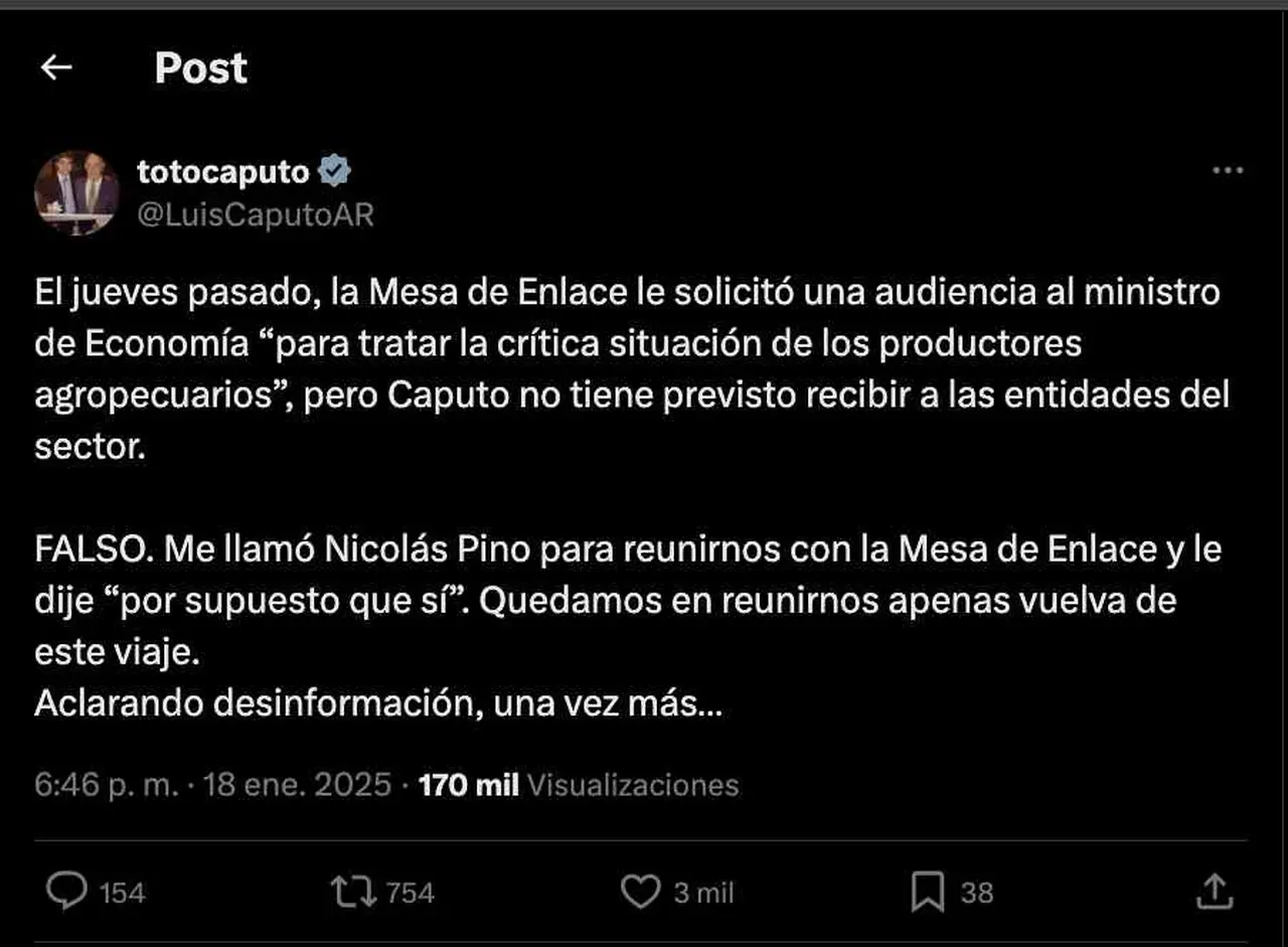 Caputo anunció en X que el Gobierno se reunirá con la Mesa de Enlace