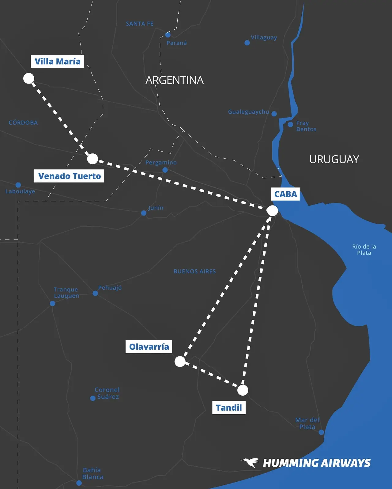 El mapa de destinos de Humming Airways