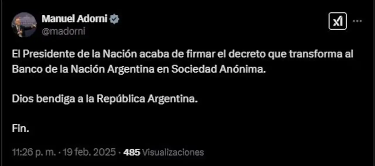 Manuel Adorni anunció la transformación del Banco de la Nación en Sociedad Anónima