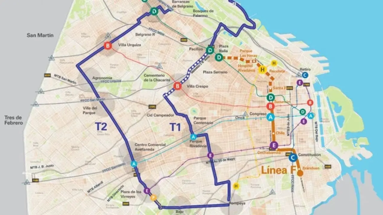 El mapa con las estaciones y el recorrido de la nueva línea de subtes que tendrá Buenos Aires