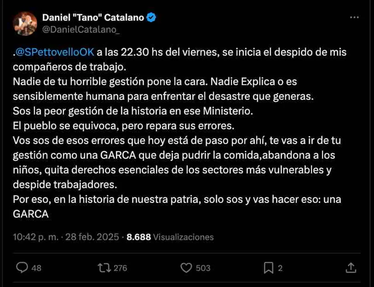  Daniel Catalano, secretario general de ATE Capital, criticó a Pettovello en X