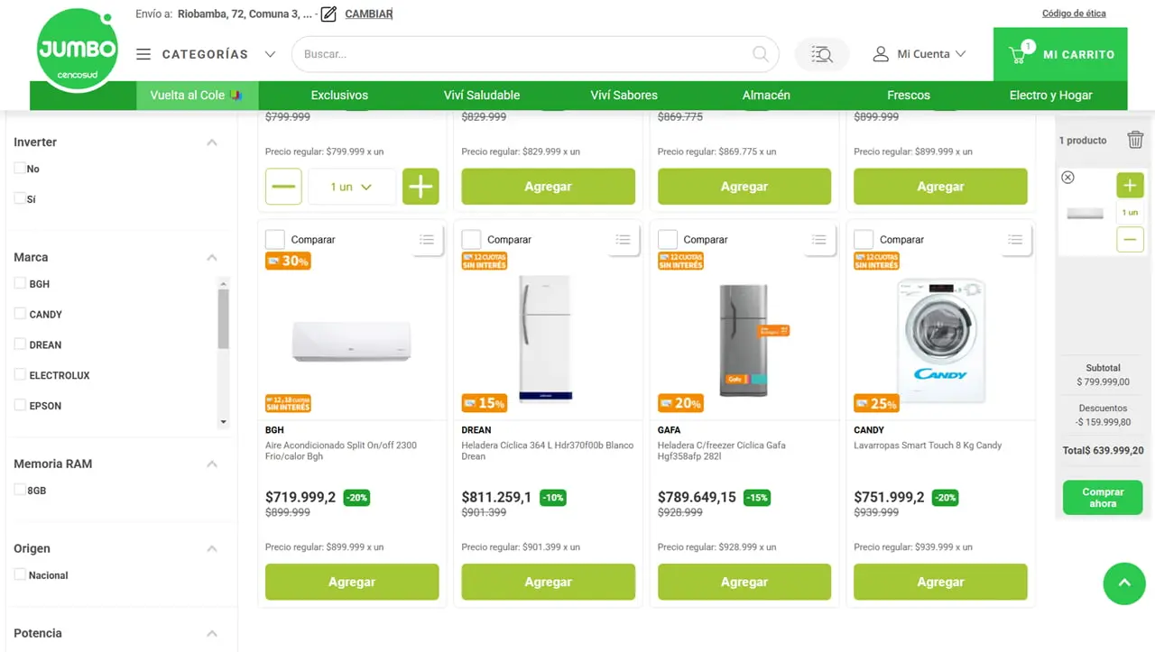 Jumbo permite comprar electrodomésticos de manera online y recibirlos en la puerta del domicilio.