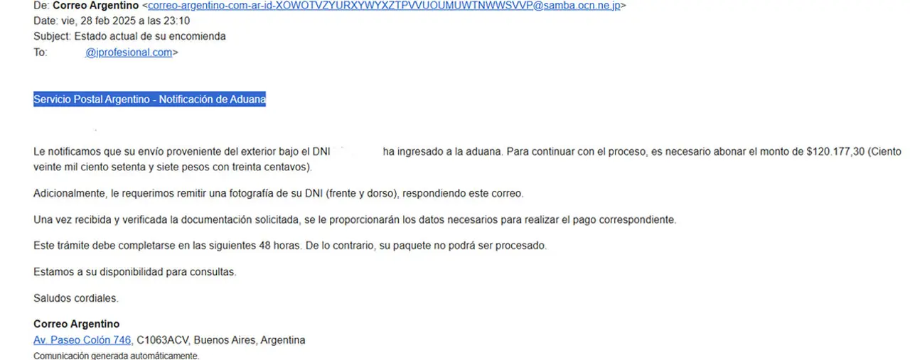 Mensaje falso del Correo Argentino donde se pide fotos del DNI de la víctima.
