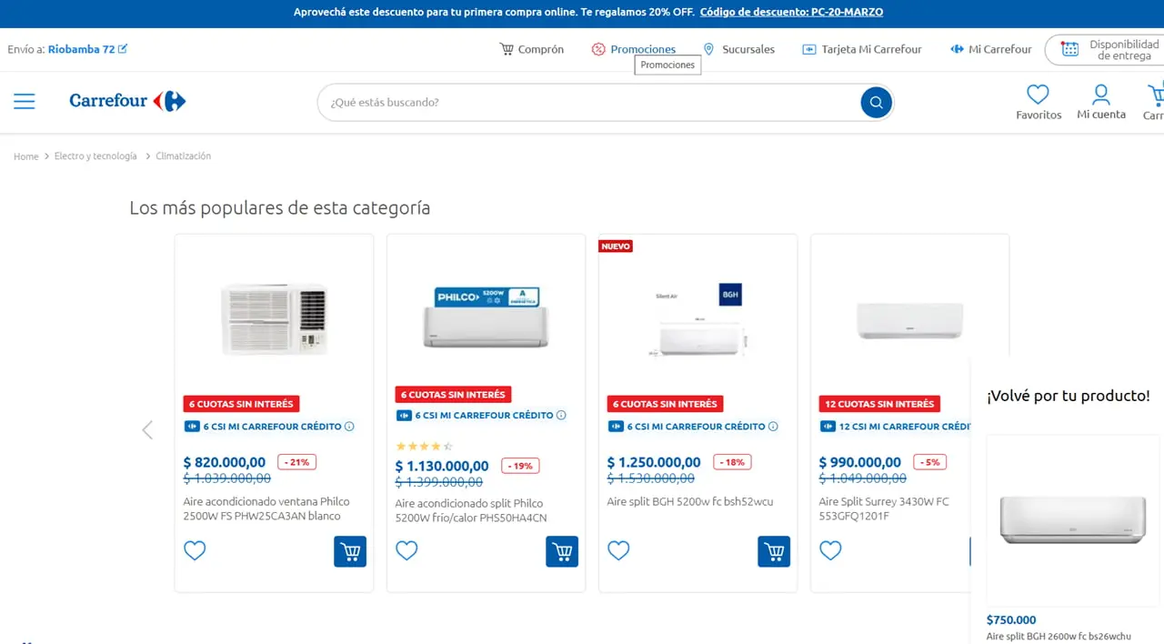 Supermercado Carrefour ofrece descuentos y cuotas sin interés para la compra de electrodomésticos.