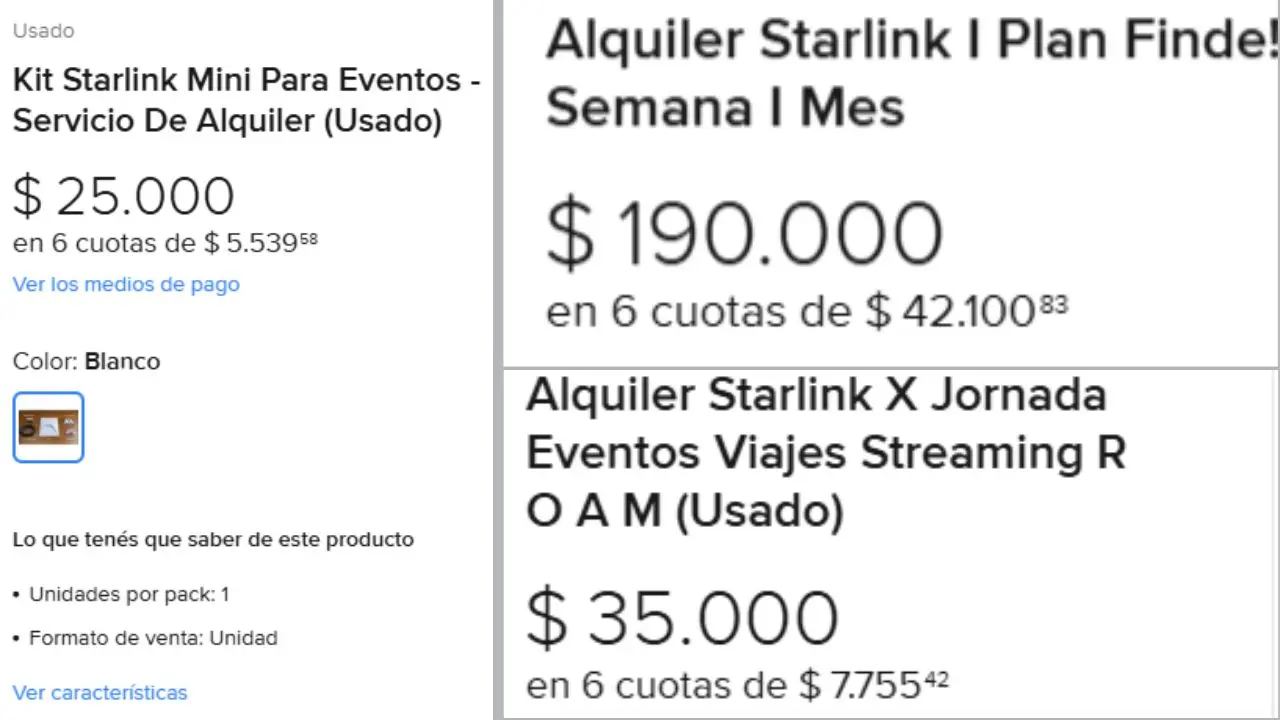 Algunas de las publicaciones que ofrecen alquilar el kit de Starlink por día