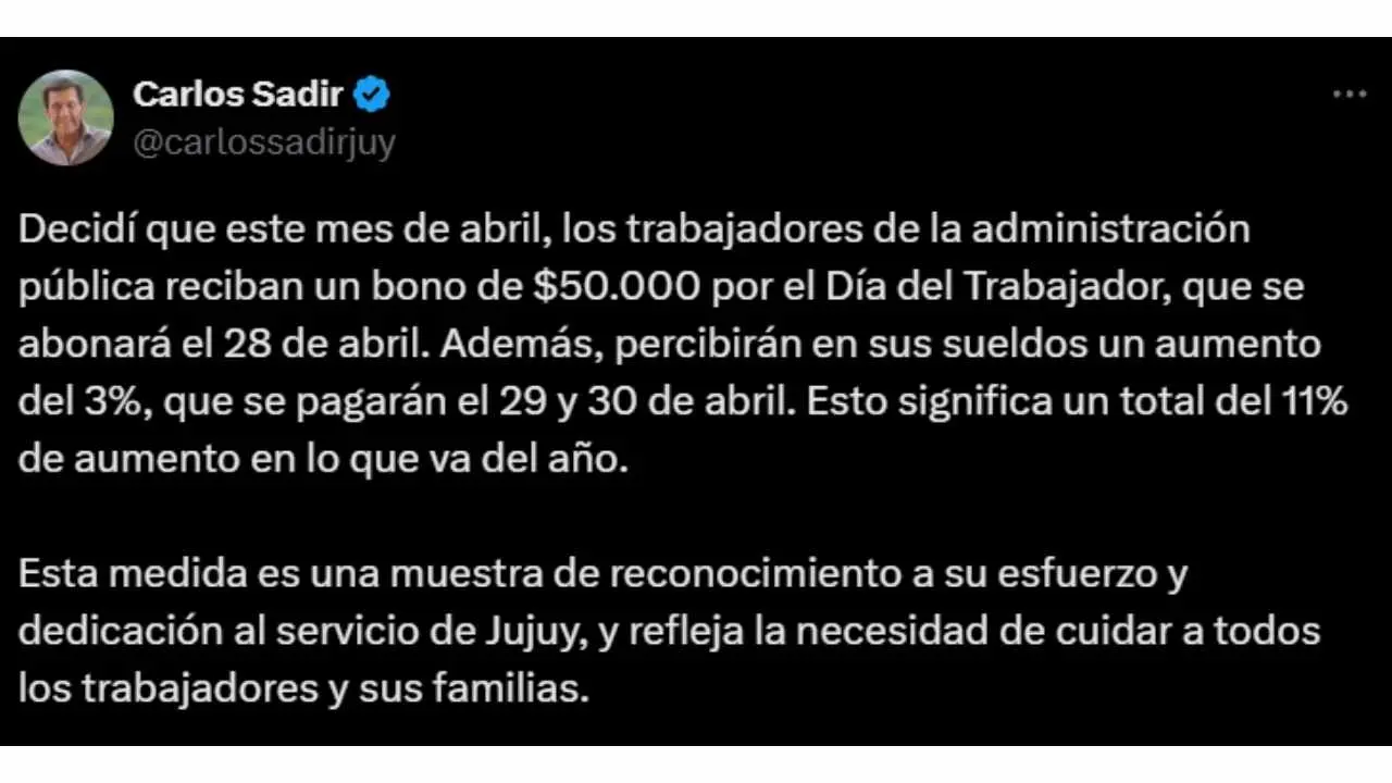 El posteo del Gobernador de Jujuy sobre el bono por el Día del Trabajador