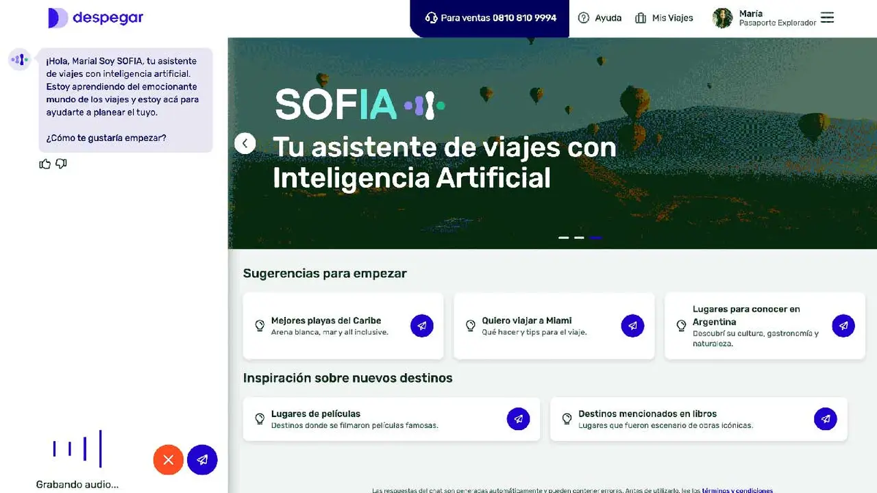 Captura de pantalla de Sofia, la inteligencia artificial de Despegar.