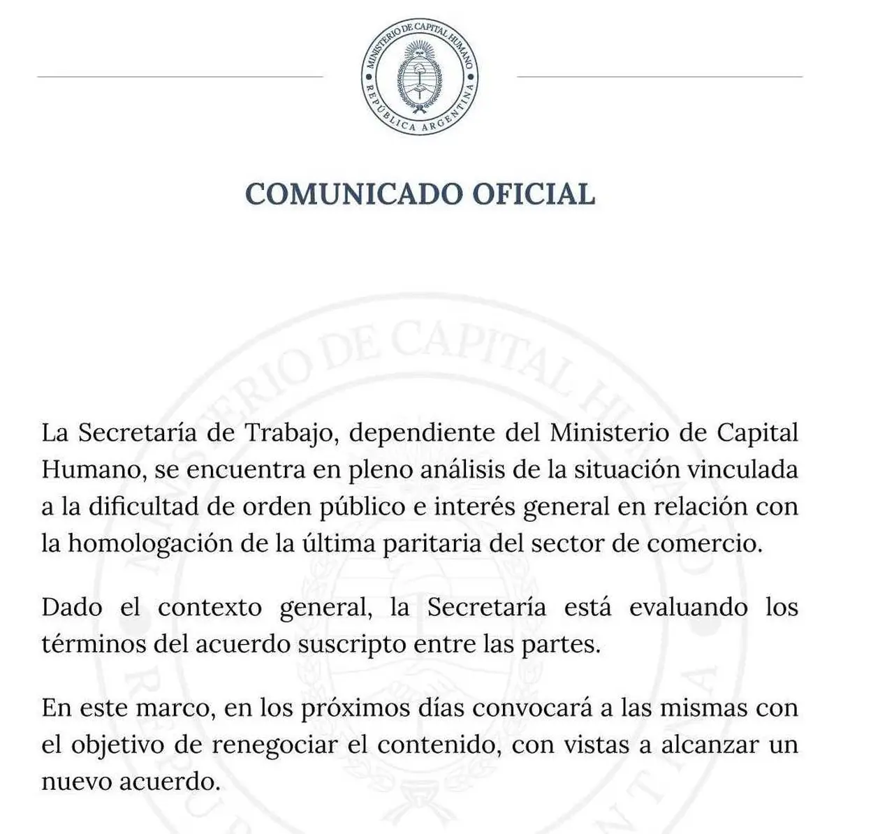 El Gobierno llamó a alcanzar un 'nuevo acuerdo' en la paritaria de empleados de comercio