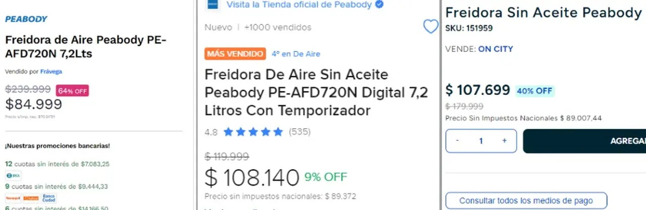 La diferencia de precios de la freidora de aire en Frávega, Mercado Libre y OnCity