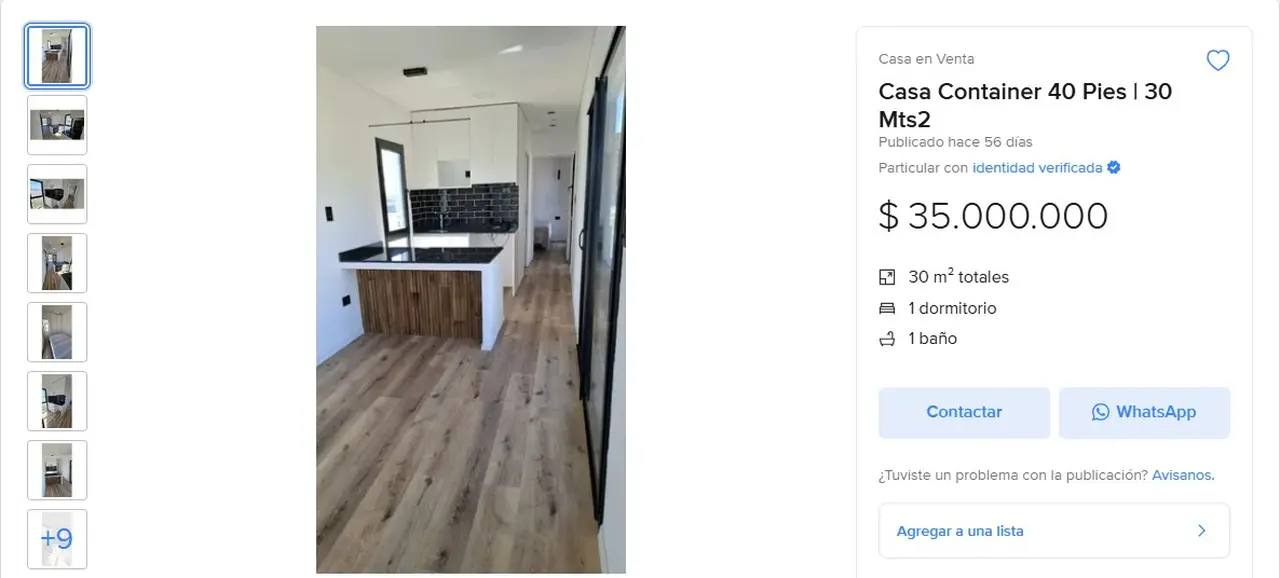 La publicación de la casa container, que se vende por $35 millones en Mercado Libre