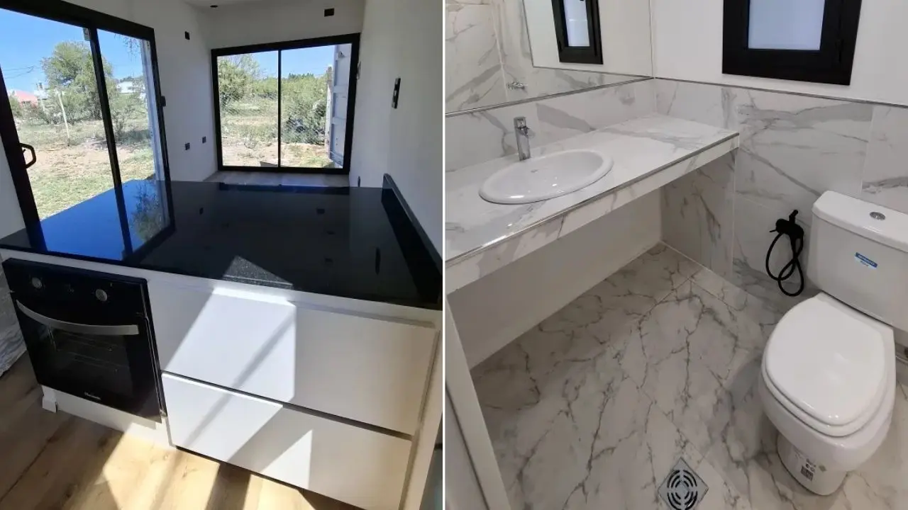 La cocina y el baño de la casa container, que se vende en Mercado Libre
