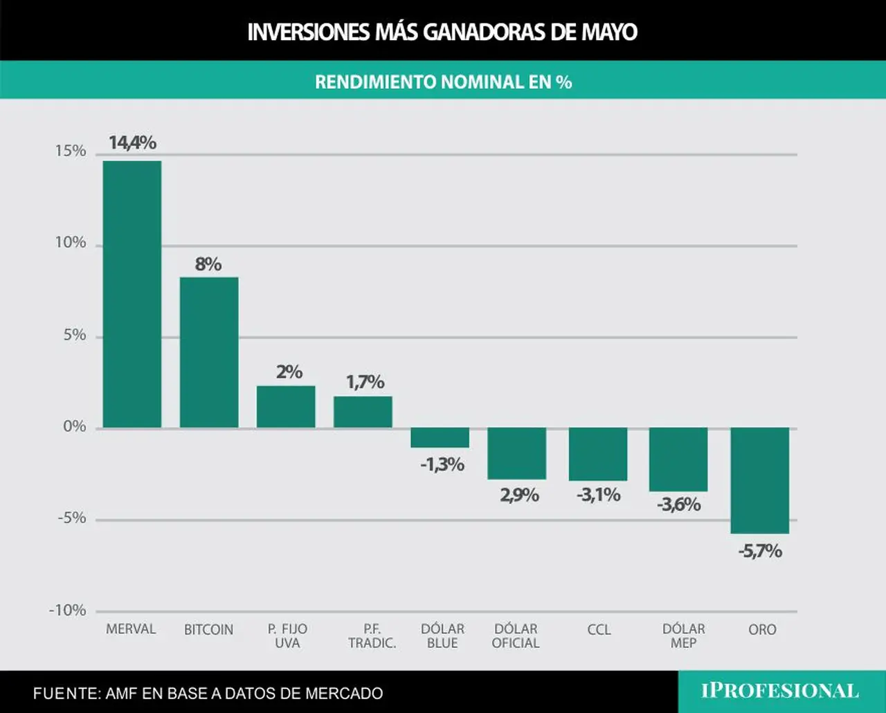 El Merval y el Bitcoin son las inversiones más ganadoras de mayo.