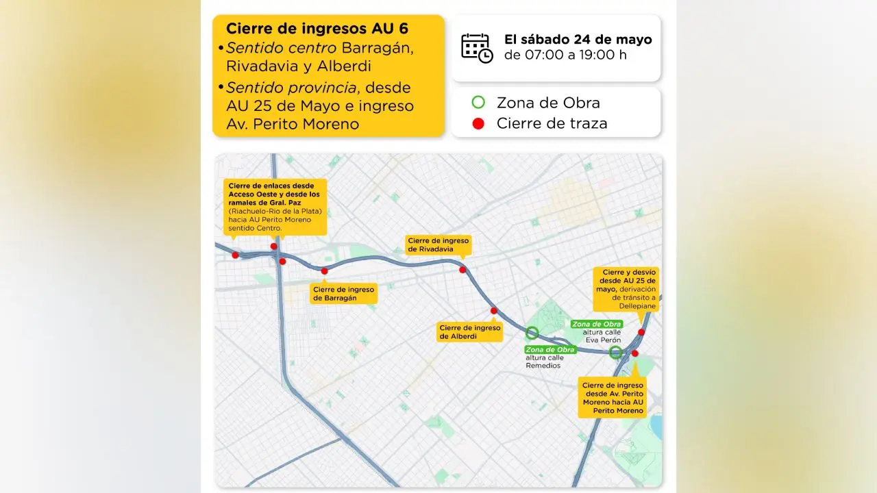El mapa con los cortes de este sábado en la Autopista Perito Moreno