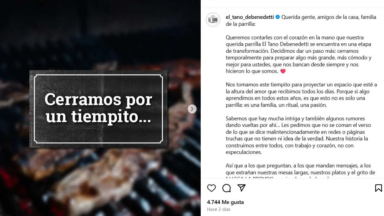 El posteo de El Tano Debenedetti en Instagram anunciando el cierre provisorio