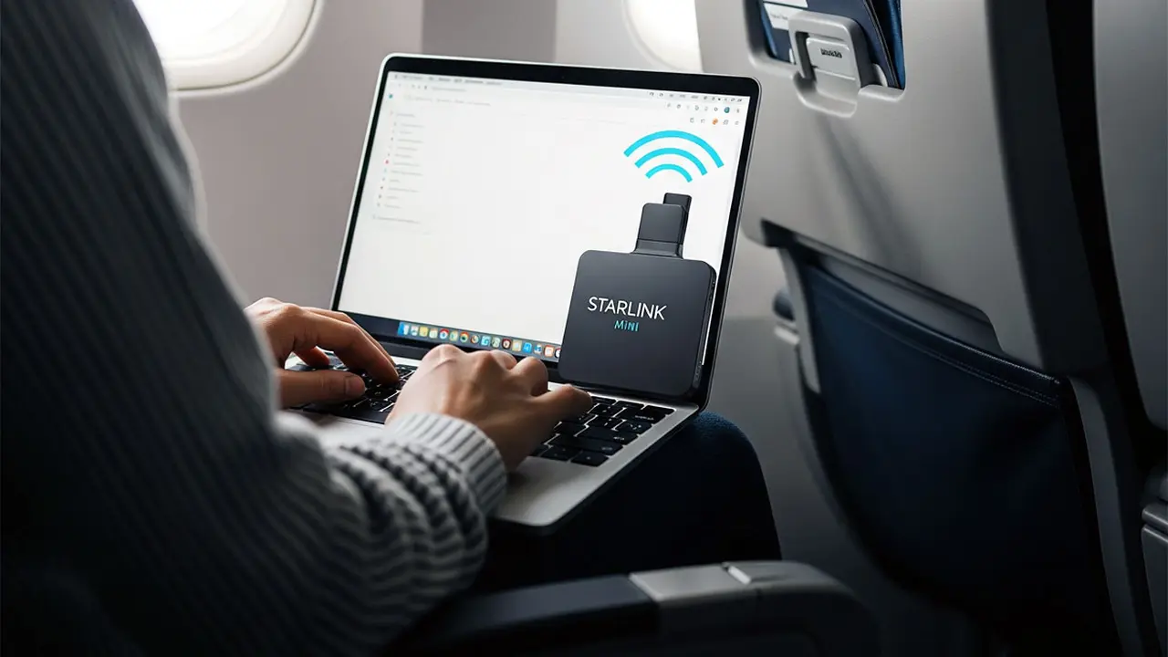 Starlink Mini en un avión. Imagen creada con inteligencia artificial.