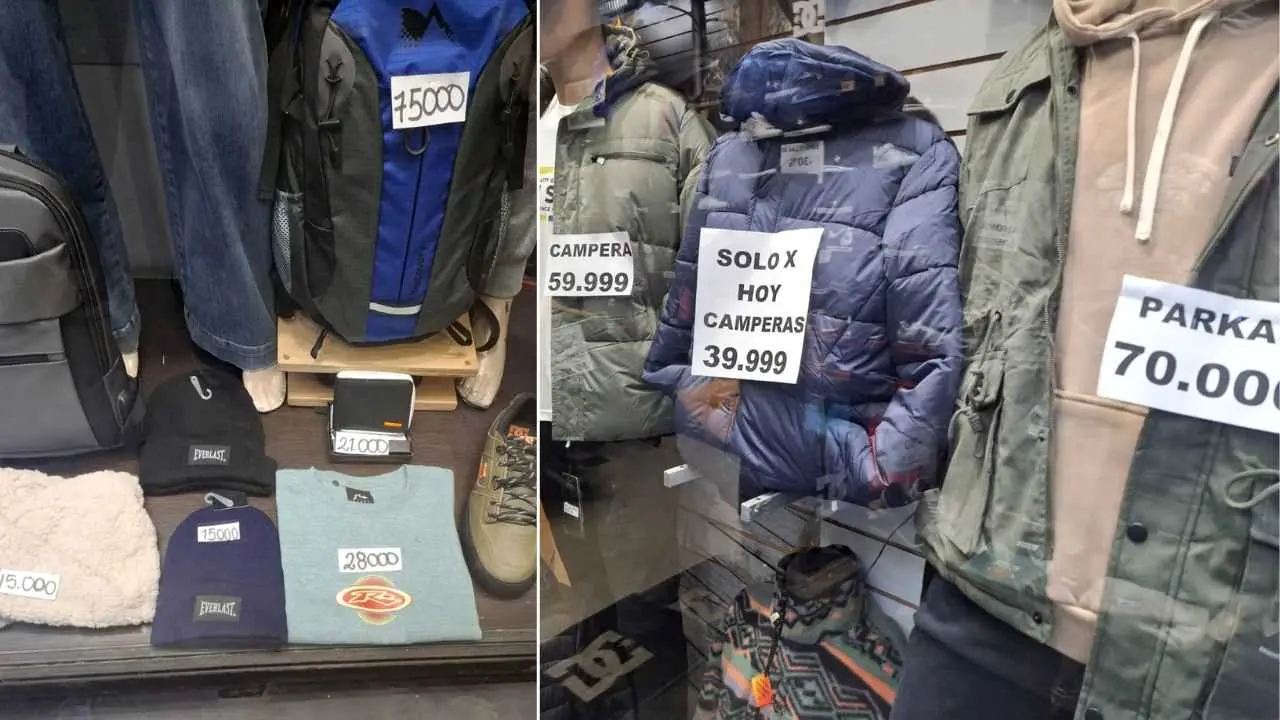 Algunas camperas y buzos que se venden con descuento, en un local de la calle Florida