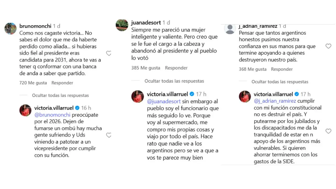Algunas de las respuestas de Villarruel en su Instagram