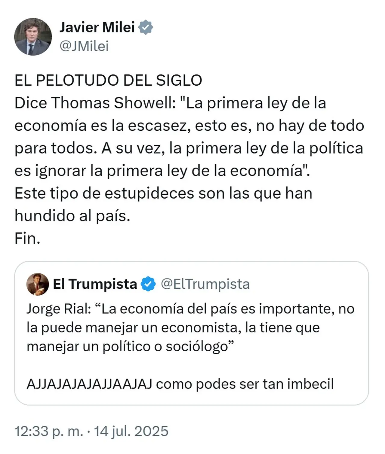 El mensaje de Javier Milei contra Jorge Rial