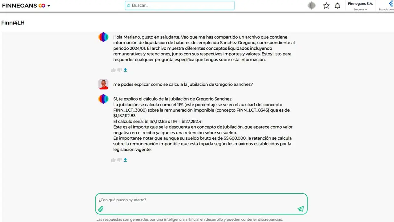 Captura de pantalla de Finni aplicado en el área de recursos humanos