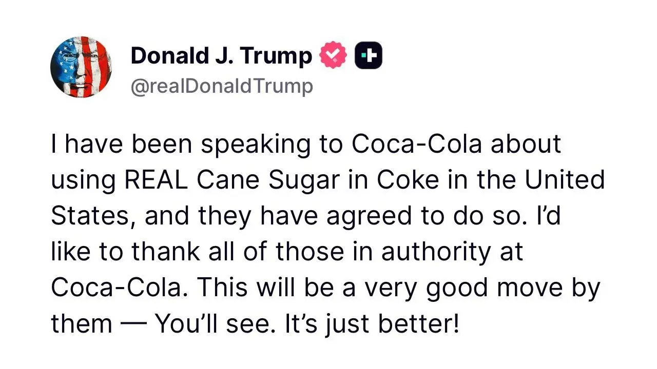 El posteo de Trump asegurando que Coca-Cola cambiará su fórmula en Estados Unidos